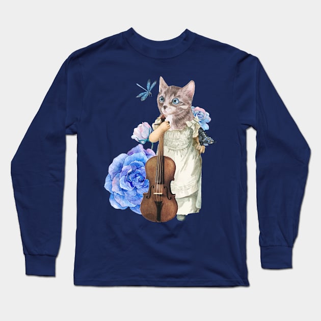 Vintage cat violin Long Sleeve T-Shirt by Mako Design 